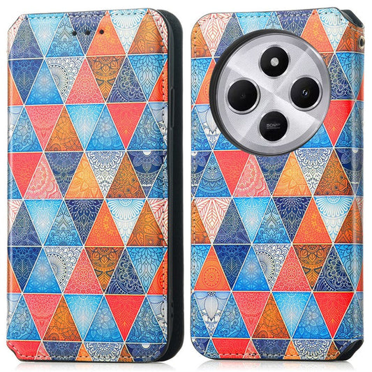 CASENEO RFID Blocking Phone Case For Xiaomi Redmi 14C 4G / 14R 5G / Poco C75 4G Wallet Leather Cover Pattern Print - Rhombus / Mandala