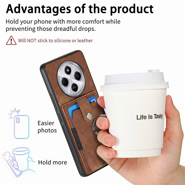 Kickstand Phone Case For Xiaomi Redmi 14C 4G / 14R 5G / Poco C75 4G Leather+TPU Non-Slip Protective Cover Card Slots - Brown