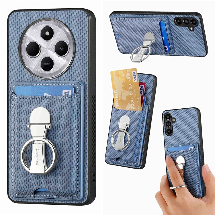 CASENEO C1-9 Phone Case For Xiaomi Redmi 14C 4G / 14R 5G / Poco C75 4G Carbon Fiber Texture Leather Back Cover with Card Slots Kickstand - Blue