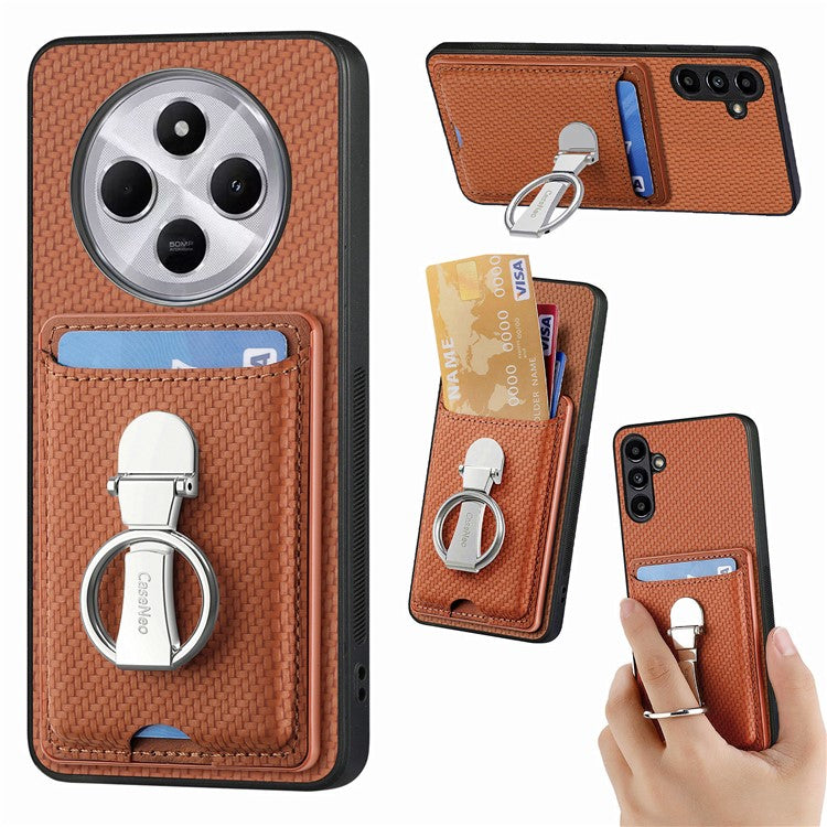 CASENEO C1-9 Phone Case For Xiaomi Redmi 14C 4G / 14R 5G / Poco C75 4G Carbon Fiber Texture Leather Back Cover with Card Slots Kickstand - Brown