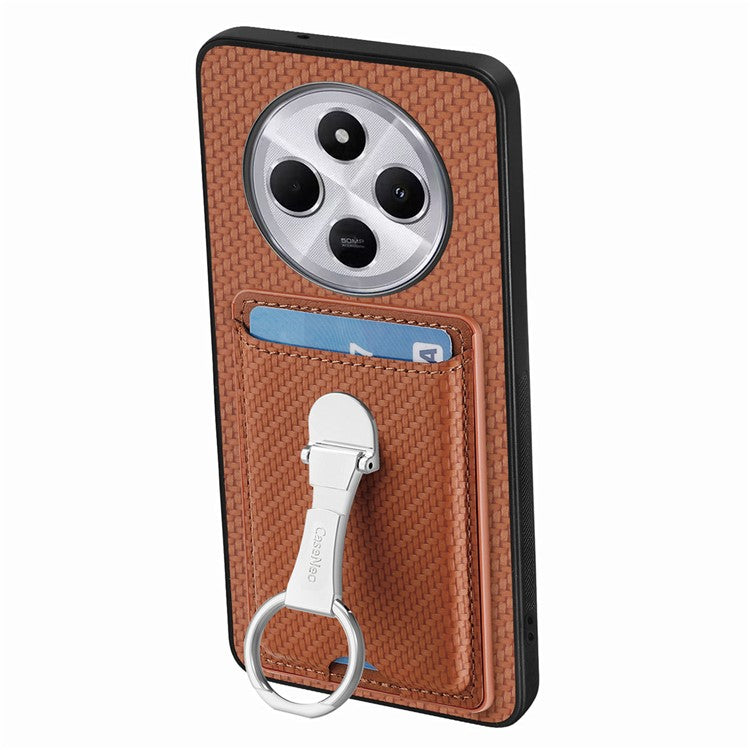 CASENEO C1-9 Phone Case For Xiaomi Redmi 14C 4G / 14R 5G / Poco C75 4G Carbon Fiber Texture Leather Back Cover with Card Slots Kickstand - Brown