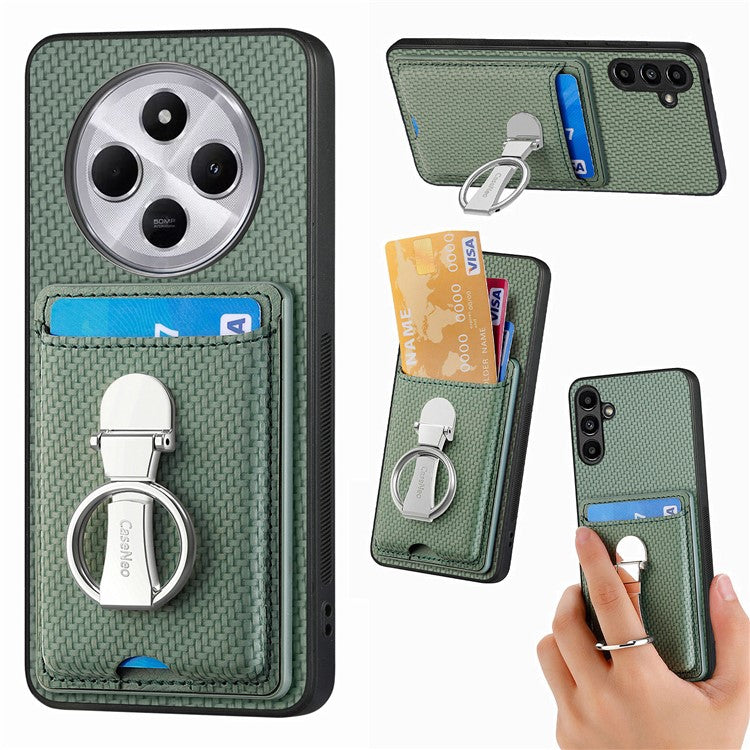 CASENEO C1-9 Phone Case For Xiaomi Redmi 14C 4G / 14R 5G / Poco C75 4G Carbon Fiber Texture Leather Back Cover with Card Slots Kickstand - Green