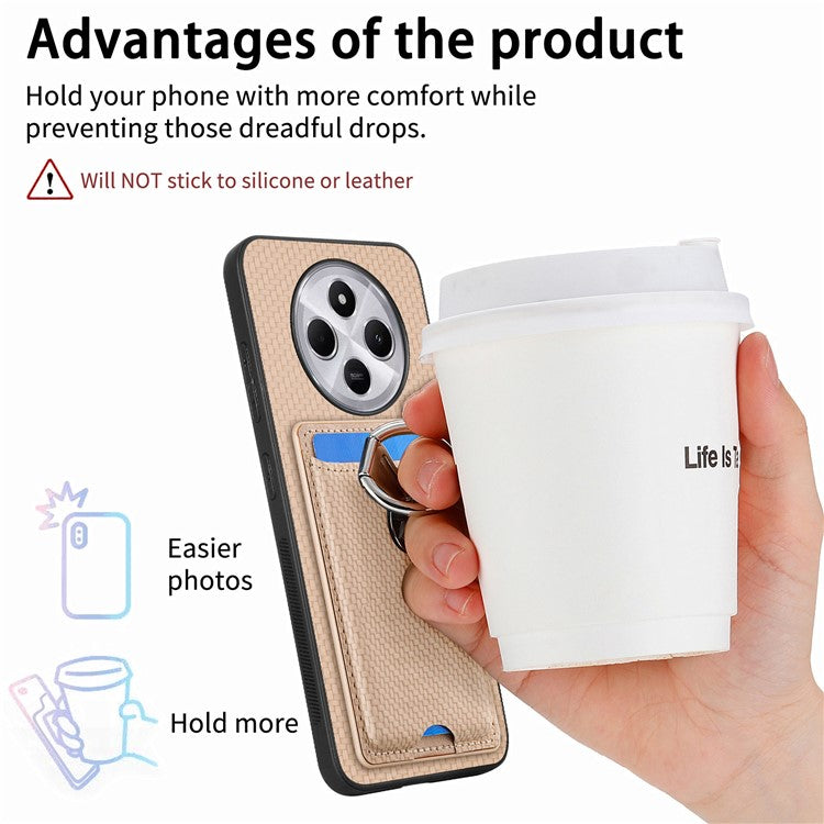 CASENEO C1-9 Phone Case For Xiaomi Redmi 14C 4G / 14R 5G / Poco C75 4G Carbon Fiber Texture Leather Back Cover with Card Slots Kickstand - Khaki