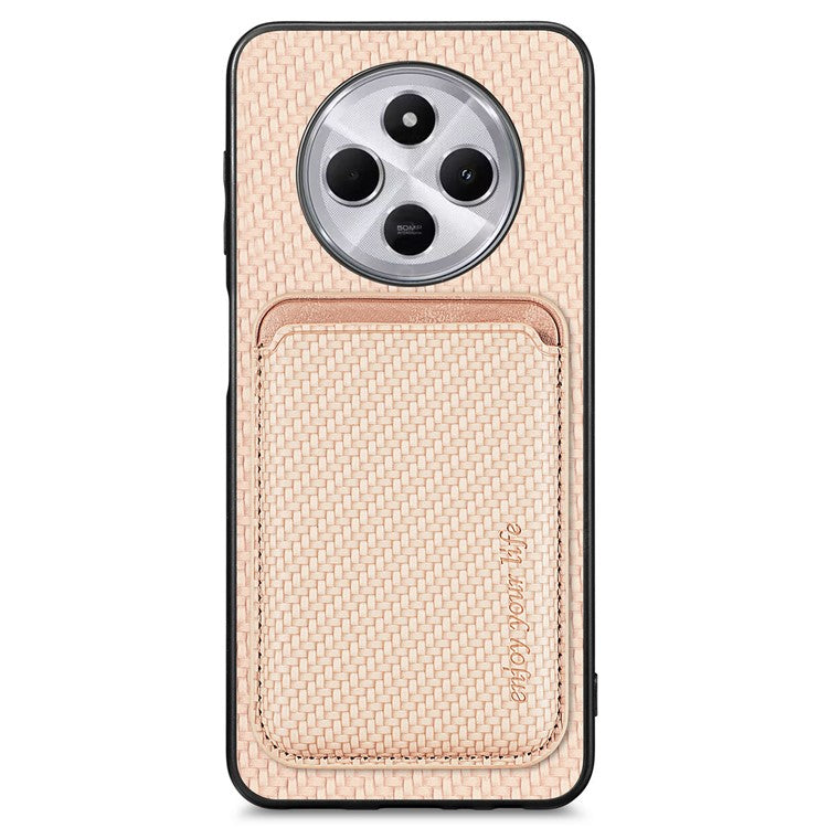 Phone Case For Xiaomi Redmi 14C 4G / 14R 5G / Poco C75 4G Carbon Fiber Leather Back Cover with Detachable Card Bag - Apricot