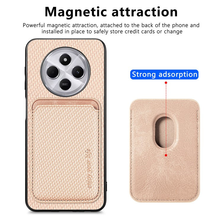 Phone Case For Xiaomi Redmi 14C 4G / 14R 5G / Poco C75 4G Carbon Fiber Leather Back Cover with Detachable Card Bag - Apricot