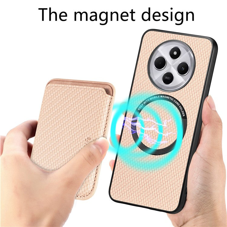 Phone Case For Xiaomi Redmi 14C 4G / 14R 5G / Poco C75 4G Carbon Fiber Leather Back Cover with Detachable Card Bag - Apricot