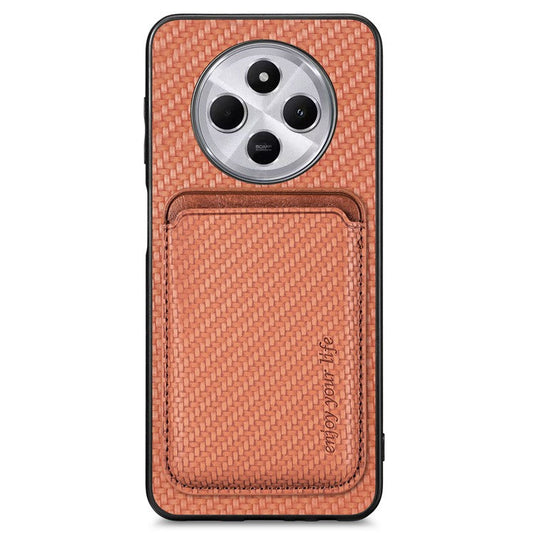 Phone Case For Xiaomi Redmi 14C 4G / 14R 5G / Poco C75 4G Carbon Fiber Leather Back Cover with Detachable Card Bag - Brown