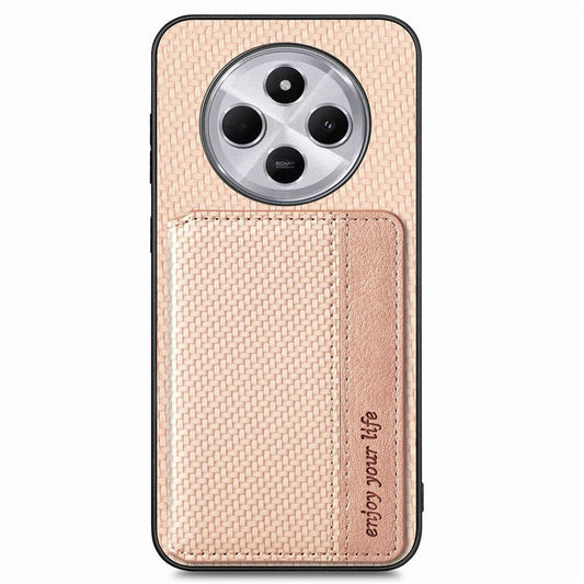 Case with Card Holder For Xiaomi Redmi 14C 4G / 14R 5G / Poco C75 4G RFID Blocking Carbon Fiber Leather+PC+TPU Phone Cover - Apricot