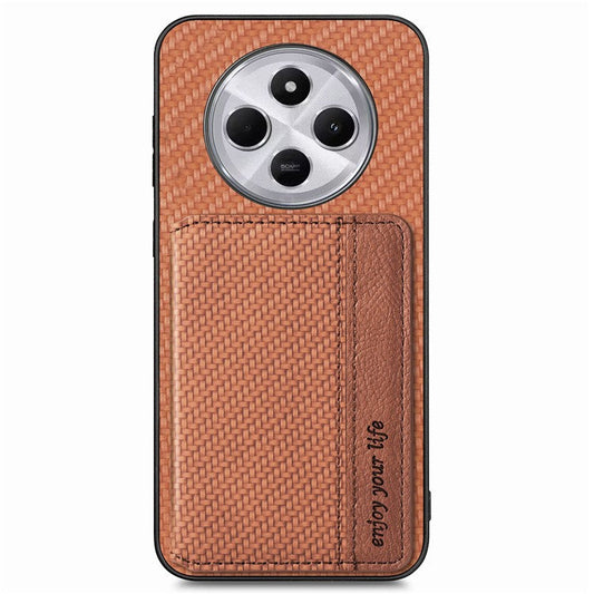 Case with Card Holder For Xiaomi Redmi 14C 4G / 14R 5G / Poco C75 4G RFID Blocking Carbon Fiber Leather+PC+TPU Phone Cover - Brown