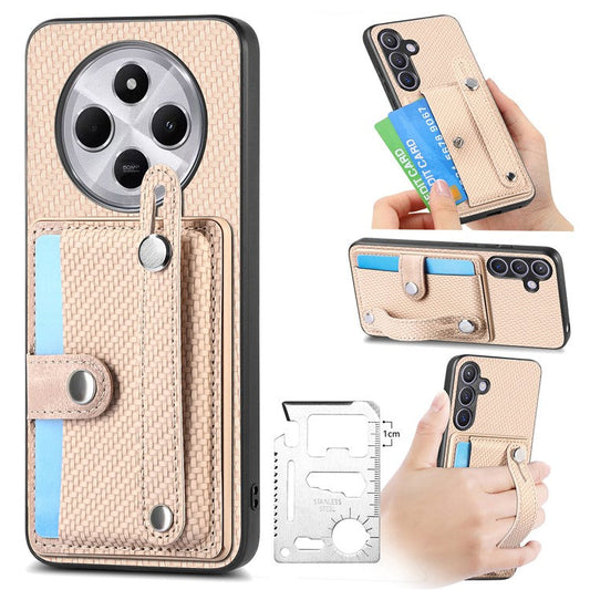Phone Case For Xiaomi Redmi 14C 4G / 14R 5G / Poco C75 4G Wristband Anti-Drop Leather Back Cover Card Holder - Khaki