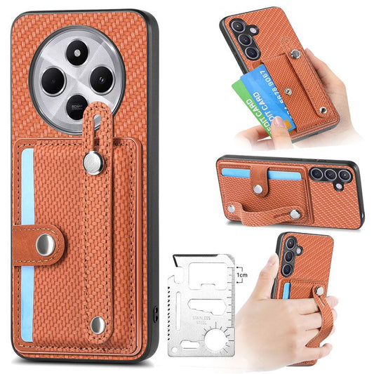 Phone Case For Xiaomi Redmi 14C 4G / 14R 5G / Poco C75 4G Wristband Anti-Drop Leather Back Cover Card Holder - Brown