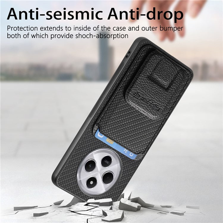 Phone Case For Xiaomi Redmi 14C 4G / 14R 5G / Poco C75 4G Carbon Fiber Texture Leather Coated TPU Back Cover with Card Holder - Black