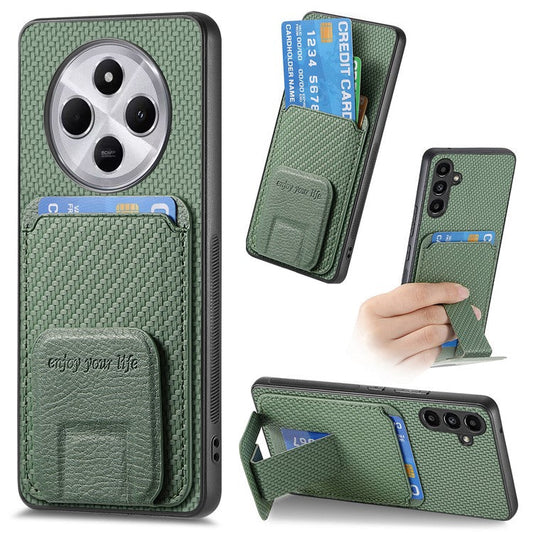 Phone Case For Xiaomi Redmi 14C 4G / 14R 5G / Poco C75 4G Carbon Fiber Texture Leather Coated TPU Back Cover with Card Holder - Green