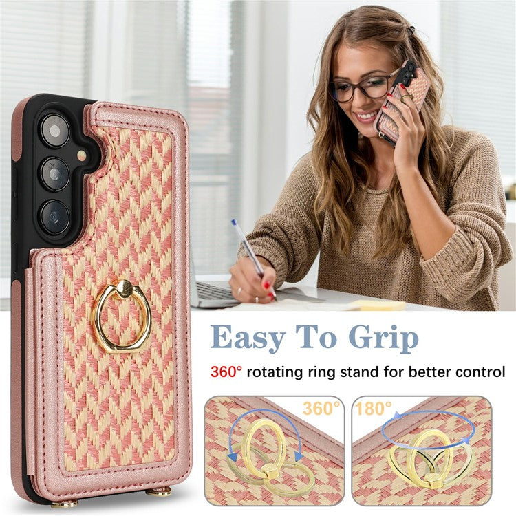 For Samsung Galaxy A35 5G Case with Card Holder, Kickstand, RFID Blocking PU+TPU Phone Back Cover - Pink