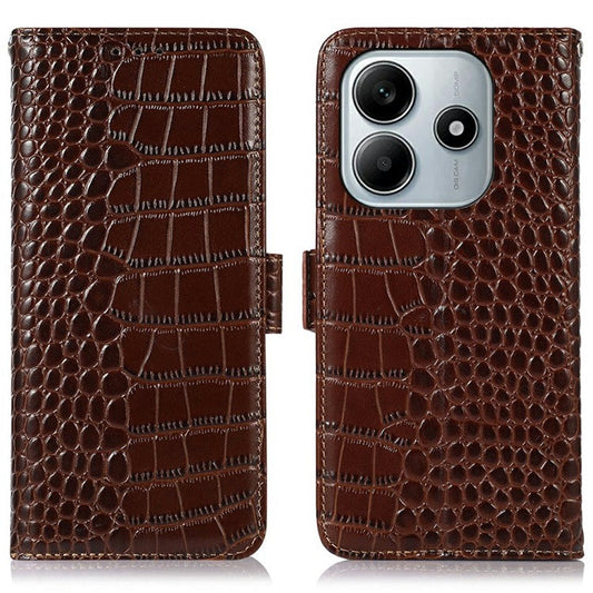 For Xiaomi Redmi Note 14 5G Case Crocodile Texture Genuine Cow Leather Phone Wallet Cover - Brown