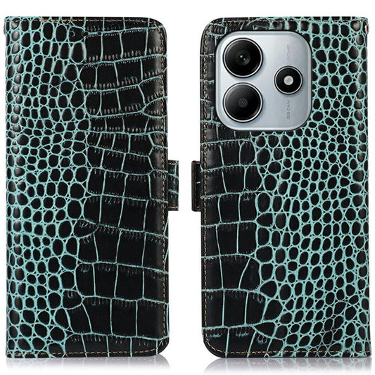For Xiaomi Redmi Note 14 5G Case Crocodile Texture Genuine Cow Leather Phone Wallet Cover - Green