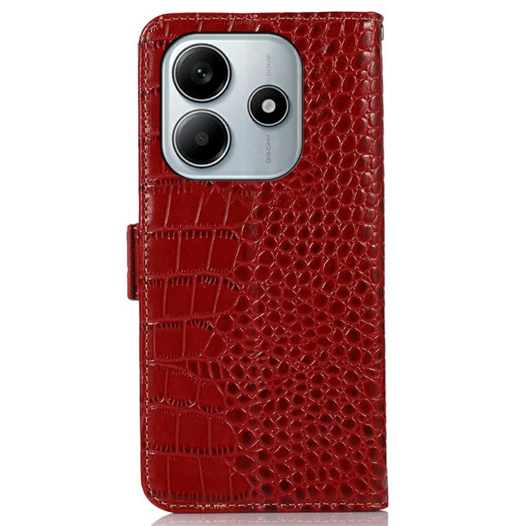 For Xiaomi Redmi Note 14 5G Case Crocodile Texture Genuine Cow Leather Phone Wallet Cover - Red