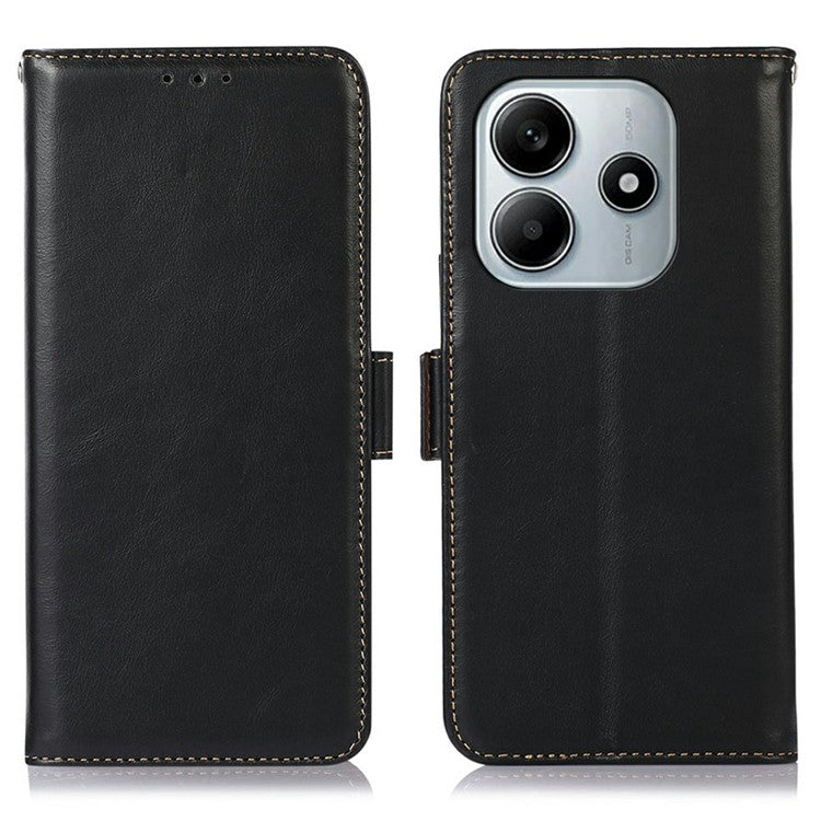 For Xiaomi Redmi Note 14 5G Case RFID Blocking Genuine Cow Leather Wallet Phone Cover - Black