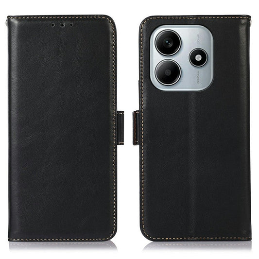 For Xiaomi Redmi Note 14 5G Case RFID Blocking Genuine Cow Leather Wallet Phone Cover - Black