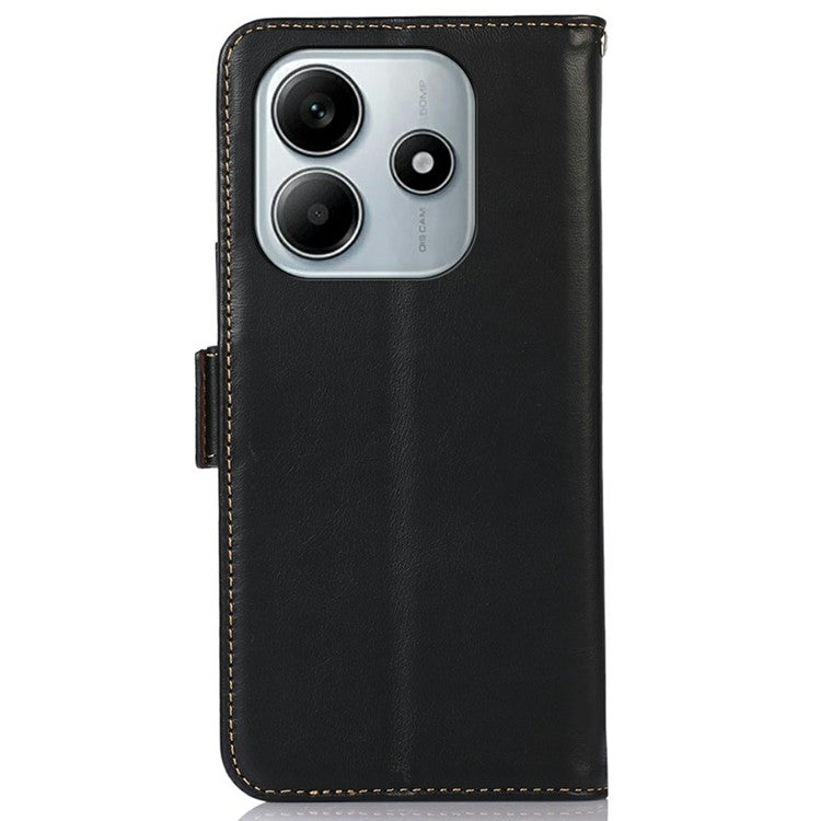 For Xiaomi Redmi Note 14 5G Case RFID Blocking Genuine Cow Leather Wallet Phone Cover - Black