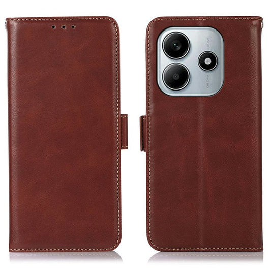 For Xiaomi Redmi Note 14 5G Case RFID Blocking Genuine Cow Leather Wallet Phone Cover - Brown