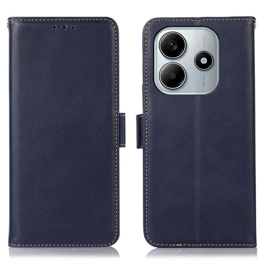 For Xiaomi Redmi Note 14 5G Case RFID Blocking Genuine Cow Leather Wallet Phone Cover - Blue