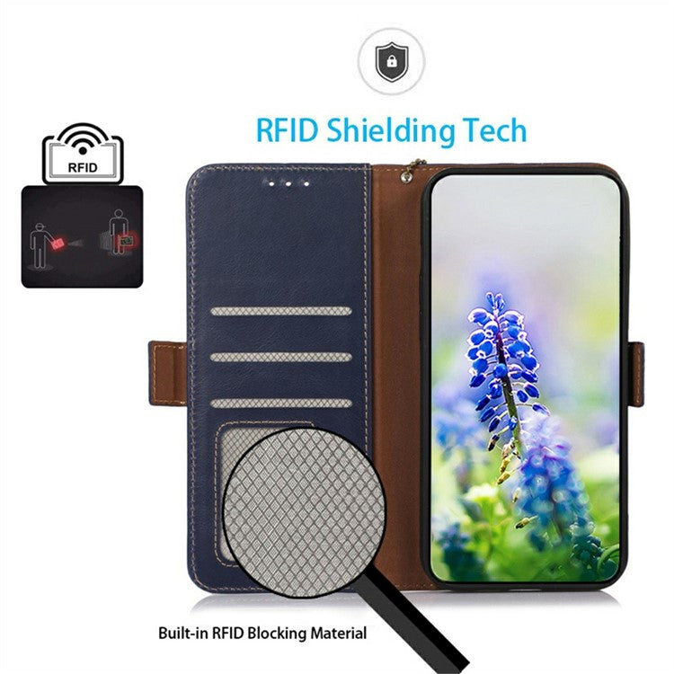 For Xiaomi Redmi Note 14 5G Case RFID Blocking Genuine Cow Leather Wallet Phone Cover - Blue