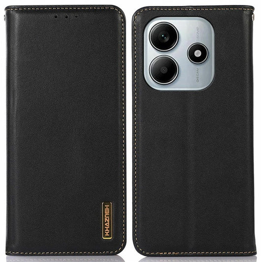 KHAZNEH For Xiaomi Redmi Note 14 5G Case Genuine Cow Leather Wallet Phone Cover Nappa Texture - Black