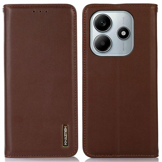 KHAZNEH For Xiaomi Redmi Note 14 5G Case Genuine Cow Leather Wallet Phone Cover Nappa Texture - Brown