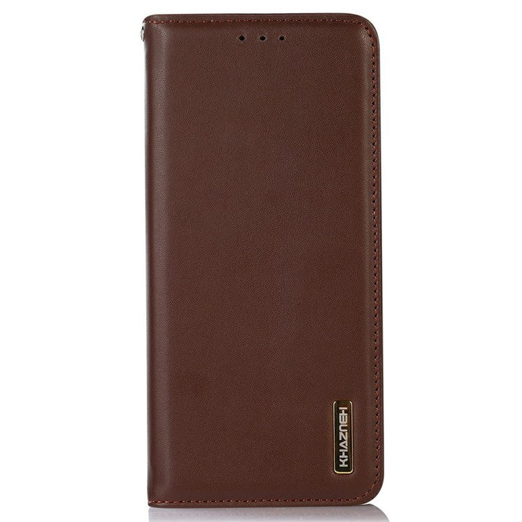 KHAZNEH For Xiaomi Redmi Note 14 5G Case Genuine Cow Leather Wallet Phone Cover Nappa Texture - Brown
