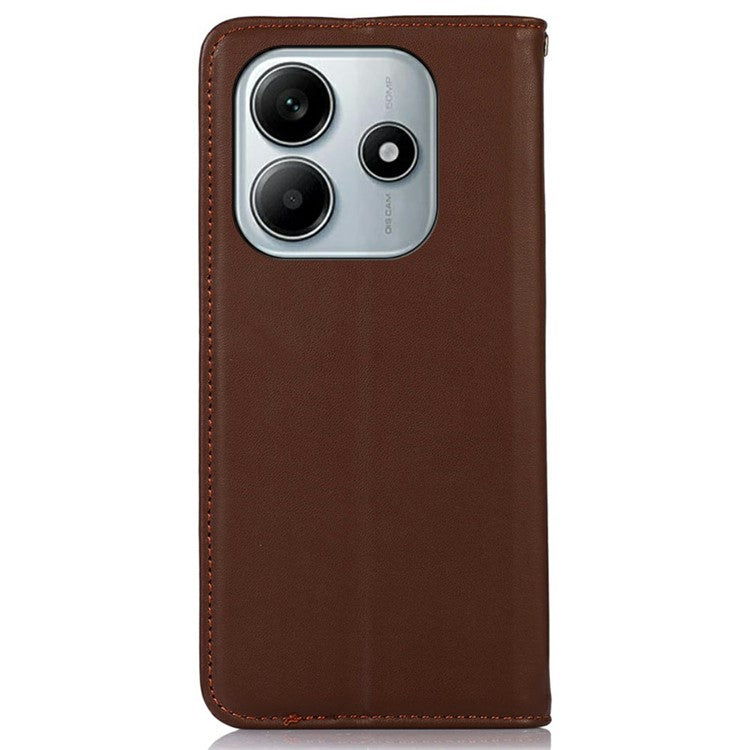 KHAZNEH For Xiaomi Redmi Note 14 5G Case Genuine Cow Leather Wallet Phone Cover Nappa Texture - Brown