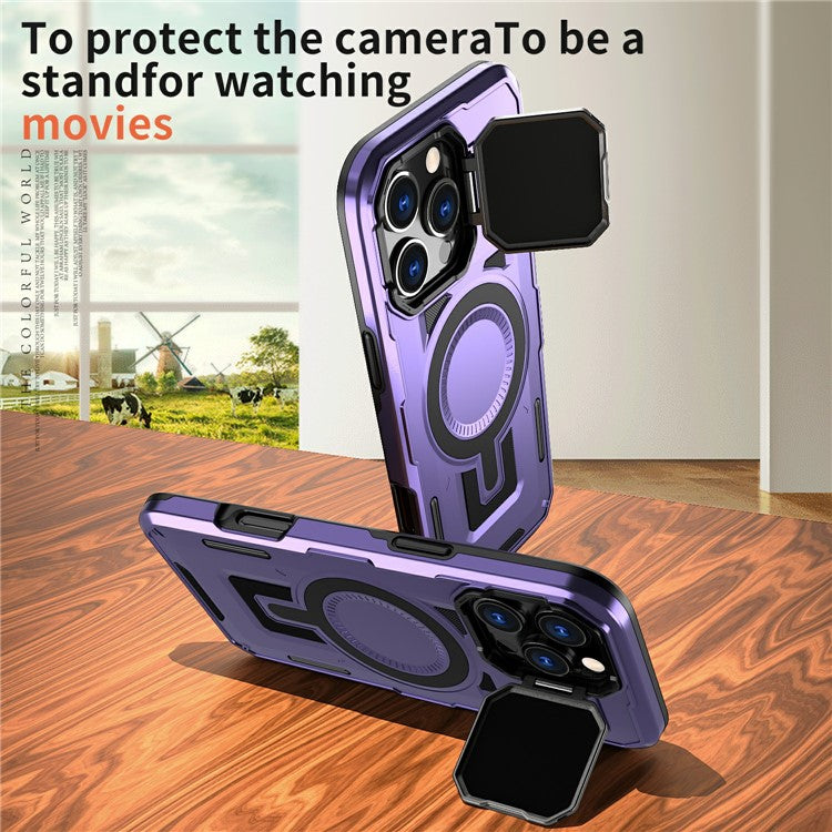 For iPhone 16 Pro Case Compatible with MagSafe Lens Lid Kickstand PC+TPU Back Cover - Purple