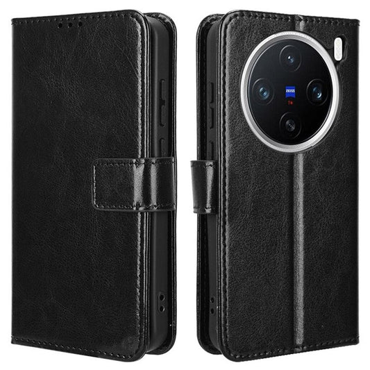 For vivo X200 5G Case Crazy Horse Texture PU Leather Phone Wallet Cover - Black