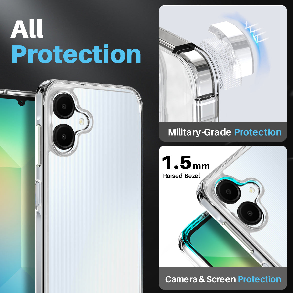 NORTHJO For Samsung Galaxy A06 Case Transparent PC+TPU Phone Cover Set with Screen Film + Lens Film