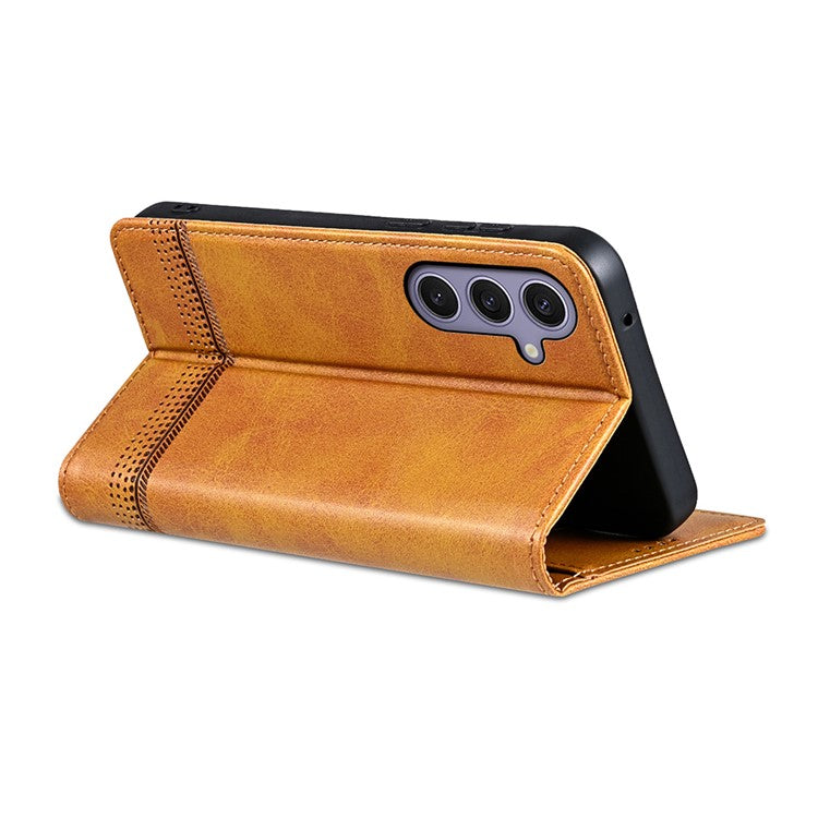 AZNS For Samsung Galaxy S25+ Case Cowhide Texture PU Leather Wallet Phone Cover - Brown