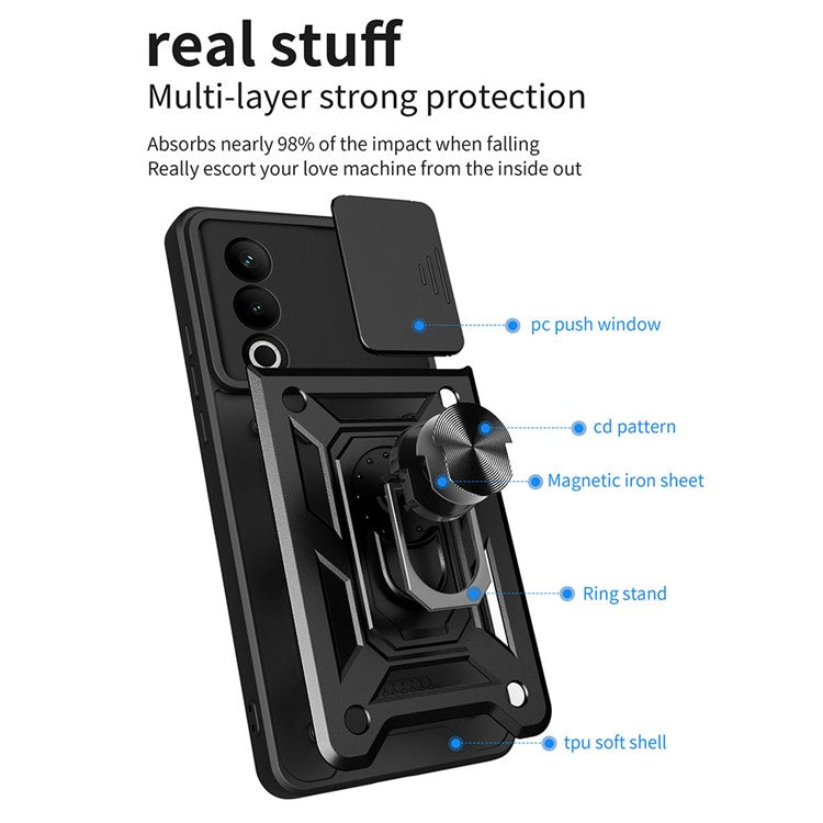 For OnePlus Nord CE4 5G Case with Slide Camera Lid PC+TPU Kickstand Phone Cover - Black
