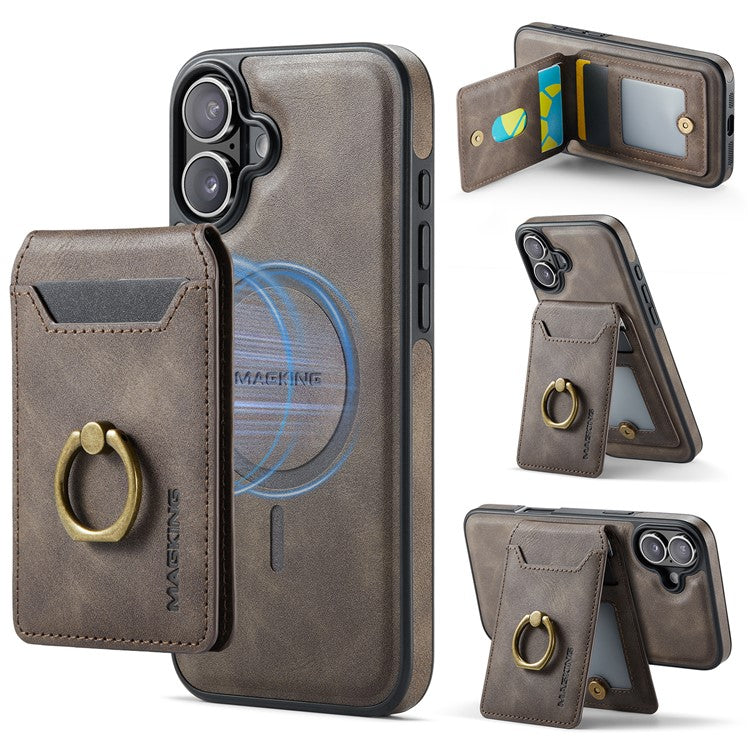 MAGKING K1 Series For iPhone 16 Magnetic Case PC+TPU+PU Phone Cover with Card Holder Kickstand - Coffee