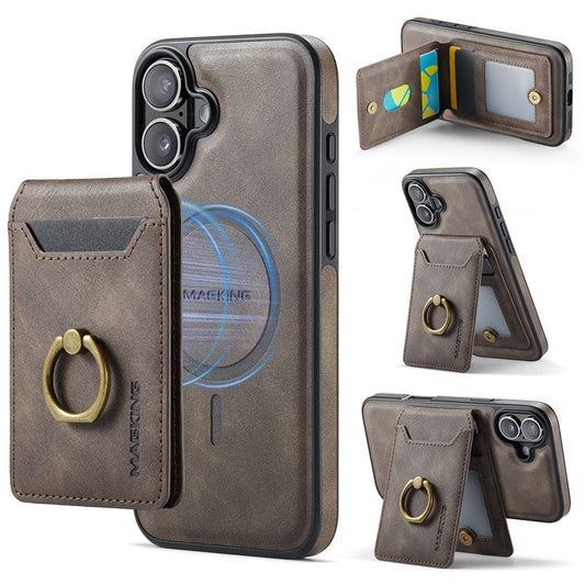 MAGKING K1 Series For iPhone 16 Magnetic Case PC+TPU+PU Phone Cover with Card Holder Kickstand - Coffee