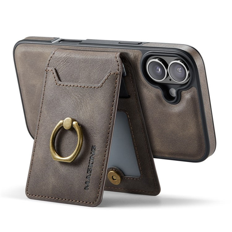MAGKING K1 Series For iPhone 16 Magnetic Case PC+TPU+PU Phone Cover with Card Holder Kickstand - Coffee