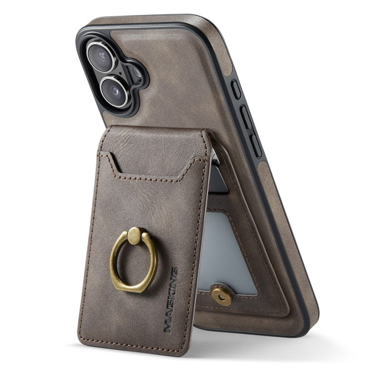 MAGKING K1 Series For iPhone 16 Magnetic Case PC+TPU+PU Phone Cover with Card Holder Kickstand - Coffee