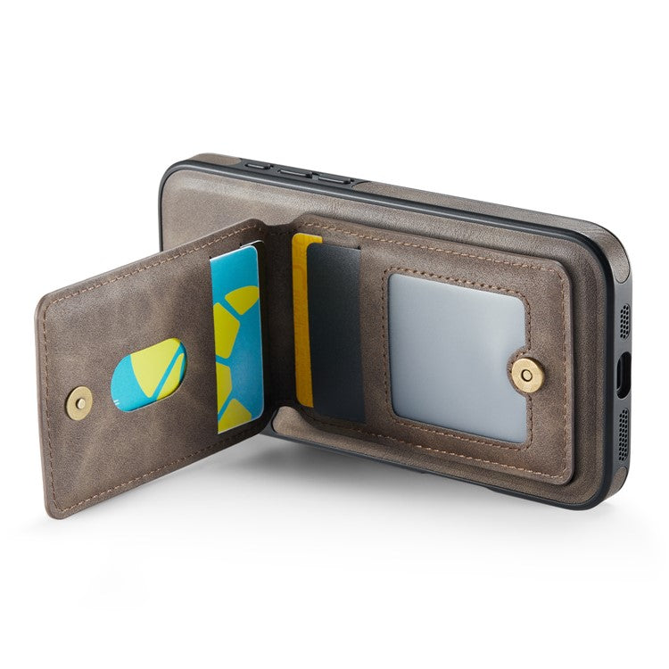 MAGKING K1 Series For iPhone 16 Magnetic Case PC+TPU+PU Phone Cover with Card Holder Kickstand - Coffee