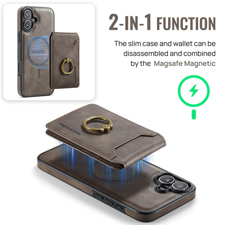 MAGKING K1 Series For iPhone 16 Magnetic Case PC+TPU+PU Phone Cover with Card Holder Kickstand - Coffee