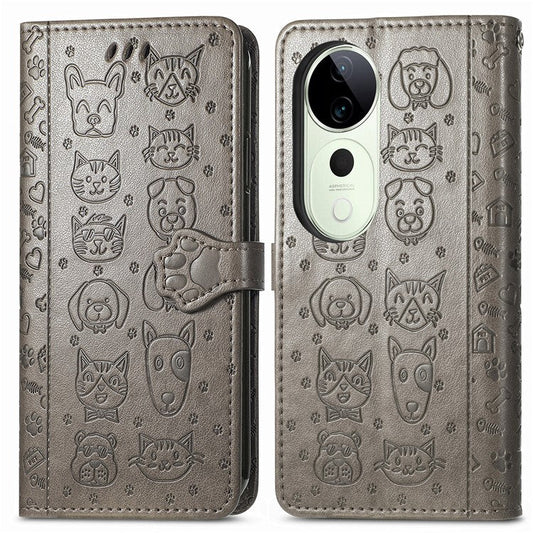 For vivo T3 Ultra 5G Case Leather Wallet Flip Phone Cover Cute Cat Dog Pattern - Grey
