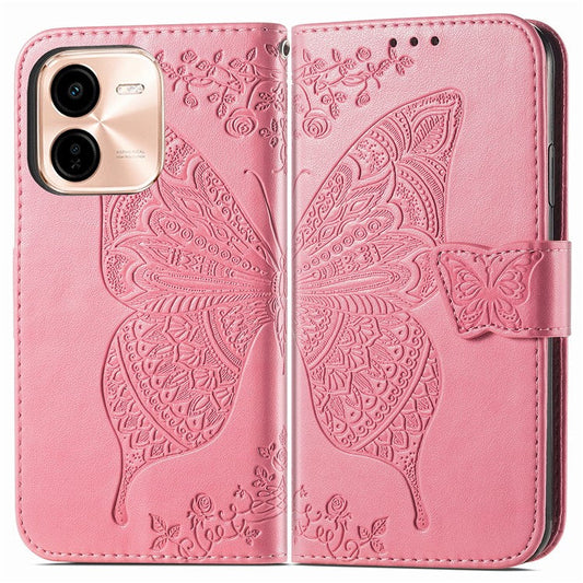 For vivo Y37 Pro 5G Case PU Leather Wallet Phone Cover Butterfly Pattern - Pink