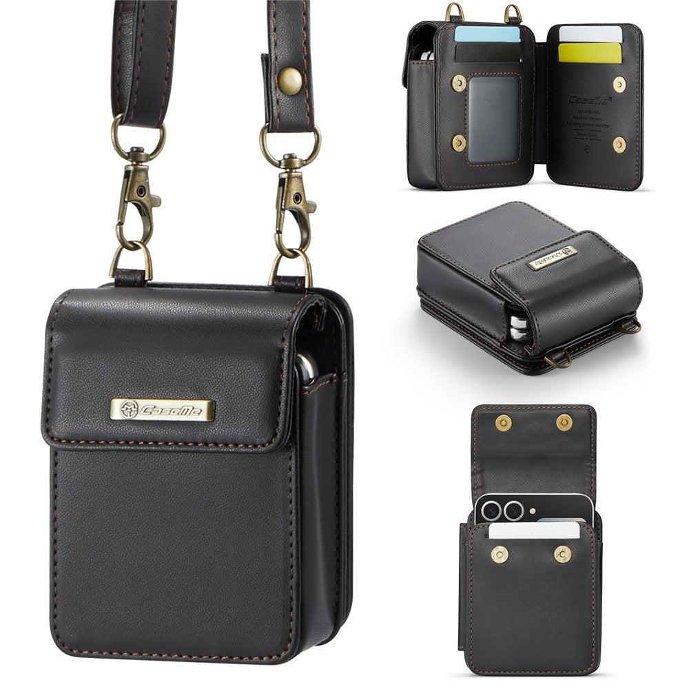 For Samsung Galaxy Z Flip7 FE 5G / Z Flip7 5G / Z Flip6 5G / Z Flip5 5G Leather Mobile Phone Bag RFID Blocking Wallet Pouch with Strap - Black