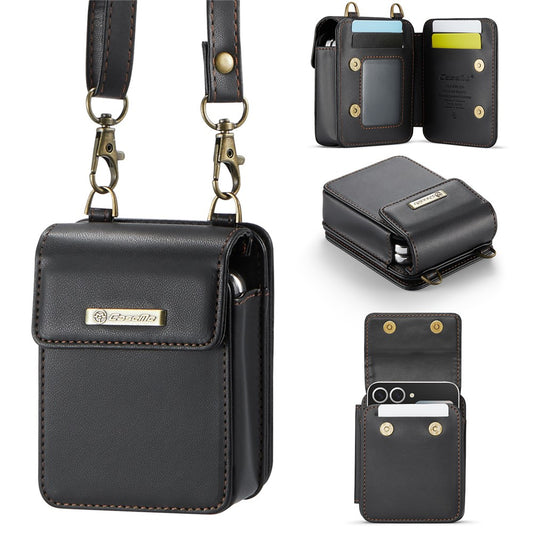 For Samsung Galaxy Z Flip7 FE 5G / Z Flip7 5G / Z Flip6 5G / Z Flip5 5G Leather Mobile Phone Bag RFID Blocking Wallet Pouch with Strap - Black