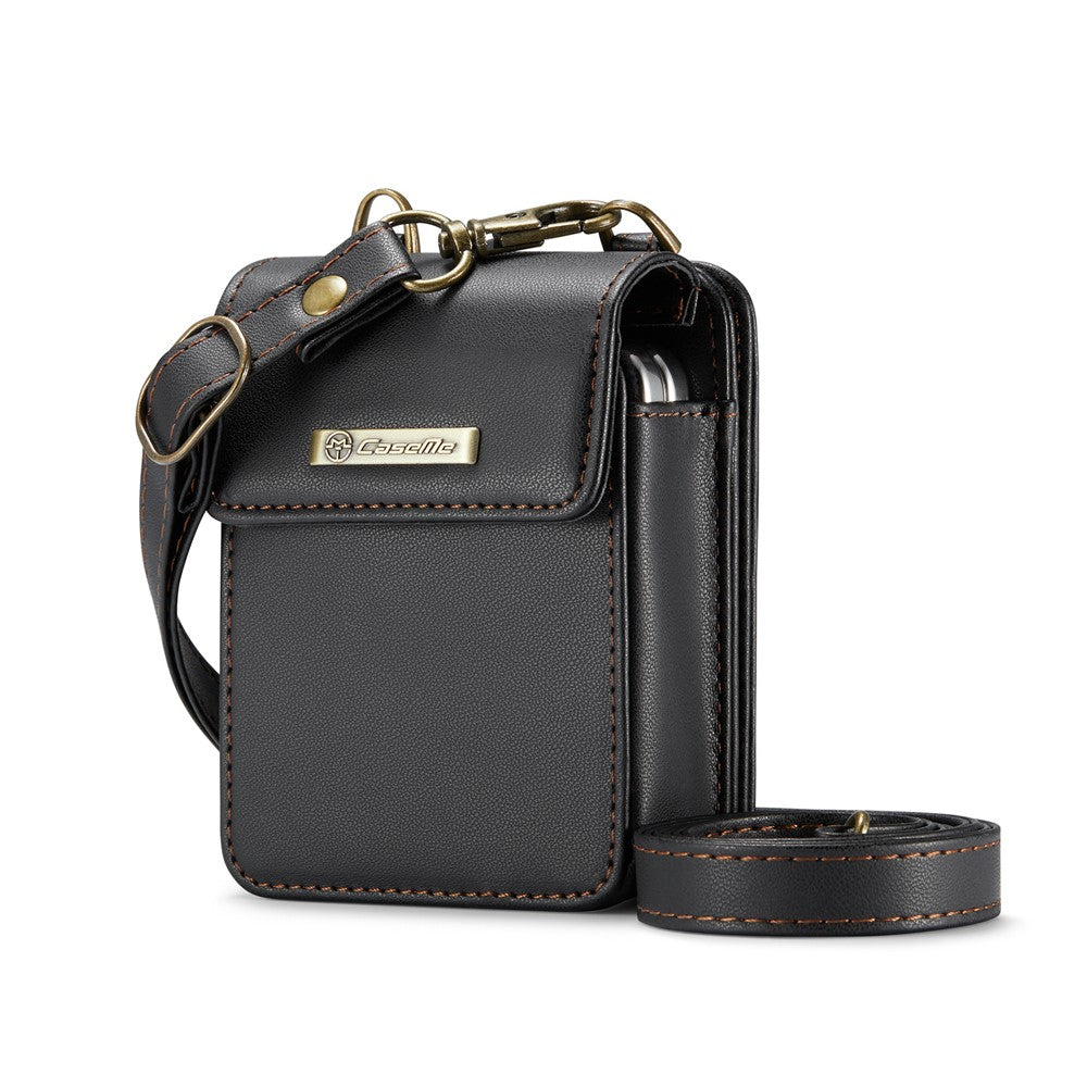 For Samsung Galaxy Z Flip7 FE 5G / Z Flip7 5G / Z Flip6 5G / Z Flip5 5G Leather Mobile Phone Bag RFID Blocking Wallet Pouch with Strap - Black