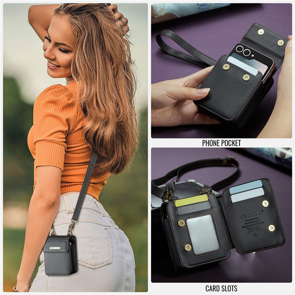 For Samsung Galaxy Z Flip7 FE 5G / Z Flip7 5G / Z Flip6 5G / Z Flip5 5G Leather Mobile Phone Bag RFID Blocking Wallet Pouch with Strap - Black