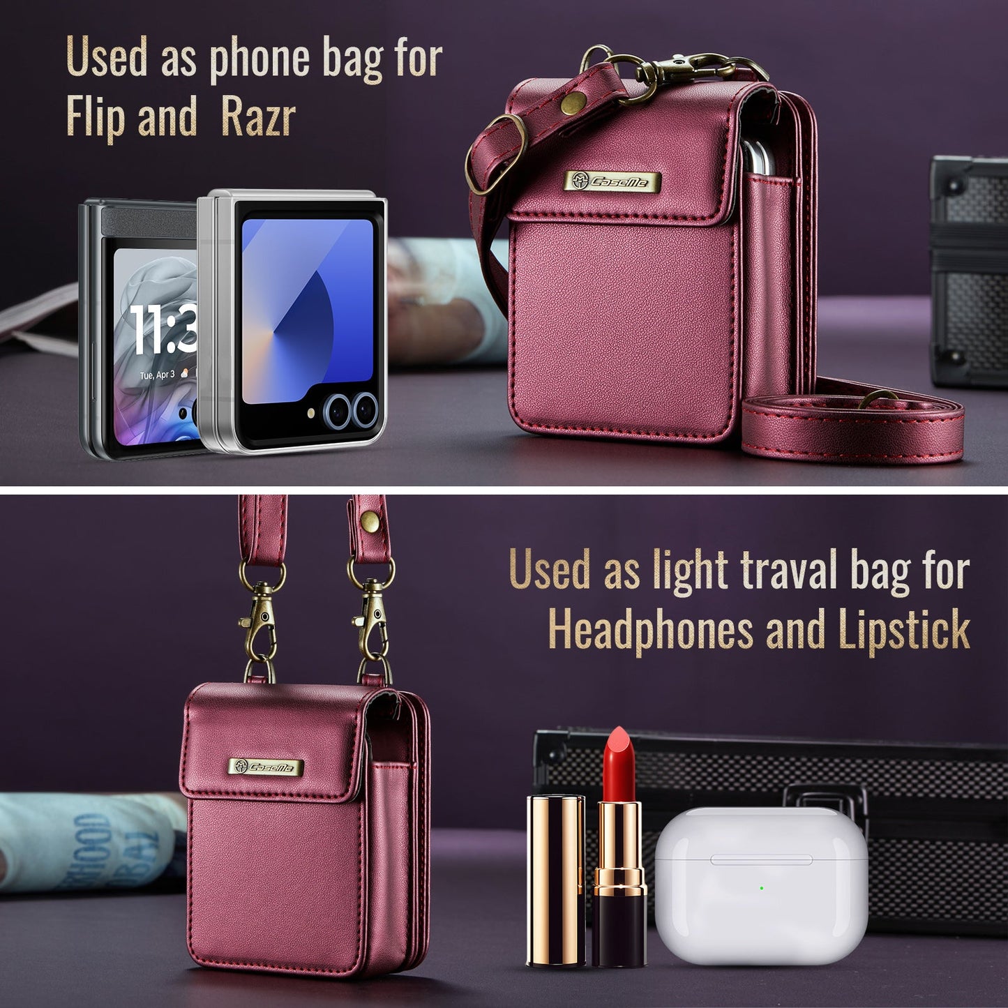 For Samsung Galaxy Z Flip5 5G / Galaxy Z Flip6 5G Leather Mobile Phone Bag RFID Blocking Wallet Cell Phone Pouch with Strap - Red