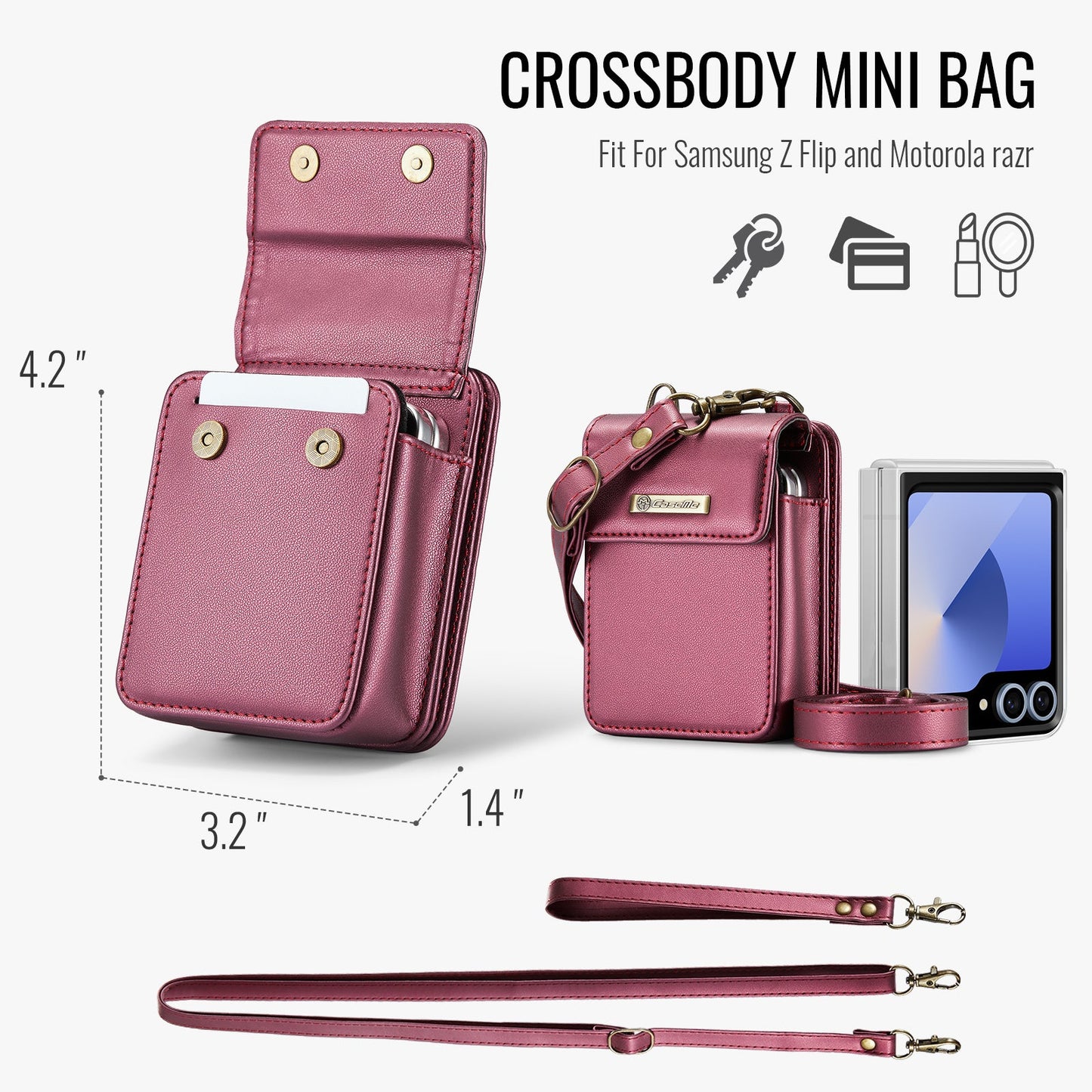 For Samsung Galaxy Z Flip5 5G / Galaxy Z Flip6 5G Leather Mobile Phone Bag RFID Blocking Wallet Cell Phone Pouch with Strap - Red